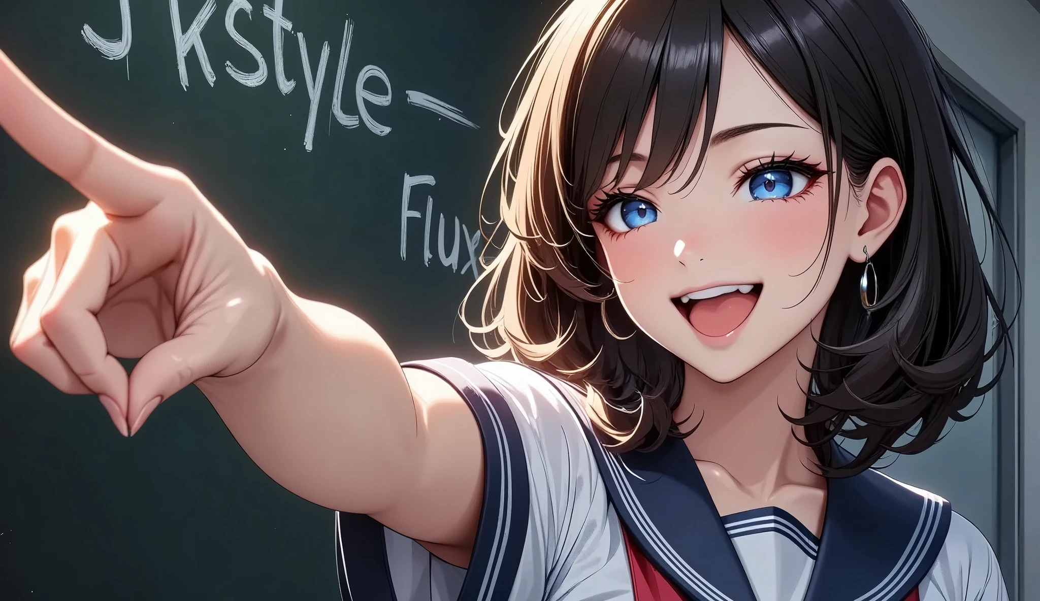 Jubilant school girls ,  sailor suit,  Pose pointing at a blackboard , (((Pose in front of a blackboard ,  chalk text on blackboard in background:"JKstyle FLUX"))),  soft focus , ( High Quality,4K,8k,High Resolution, Masterpiece :1.2),Super detailed, ( real, Photorealistic , photorealism :1.37),Dreamy, Fantasy,  Dramatic Lighting ,  Cinematic Mood ,  Calm Colors ,  Cool Tone , Fascinating landscape,