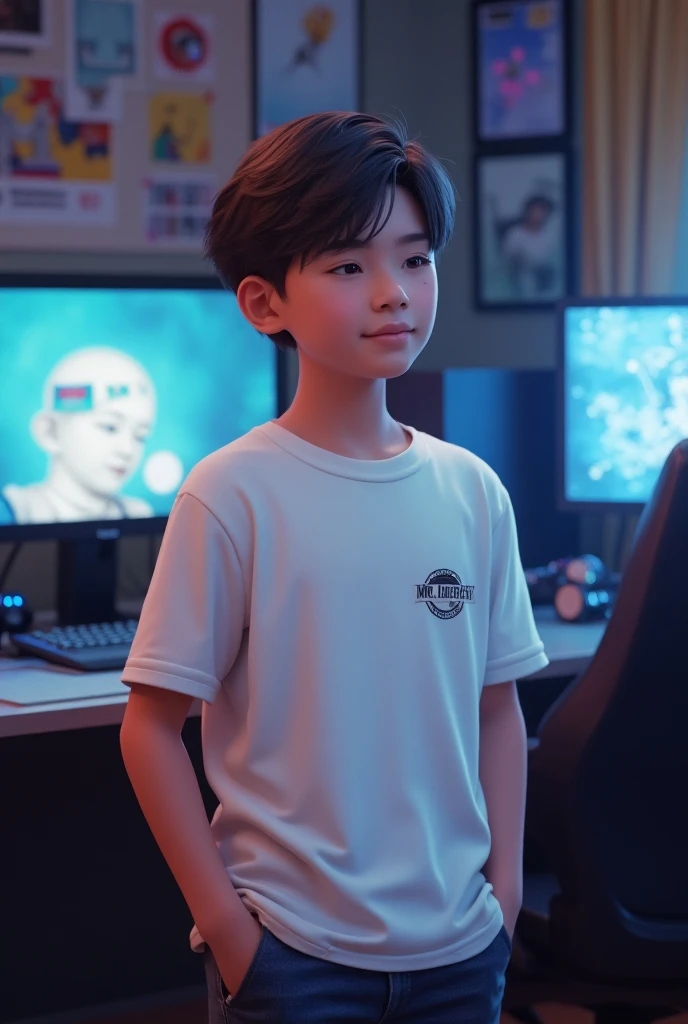 13-year-old boy in a red shirt, realistic face with beautiful detailed eyes, mouth, and nose, standing on a railing while talking on a cell phone. The boy is wearing headphones, creating a cyber punk aesthetic. The artwork should be in ultra-realistic quality with a resolution of 8K. The overall image should have vivid colors and physically-based rendering to enhance the realism and details. The lighting should be professionally done to create a realistic atmosphere.