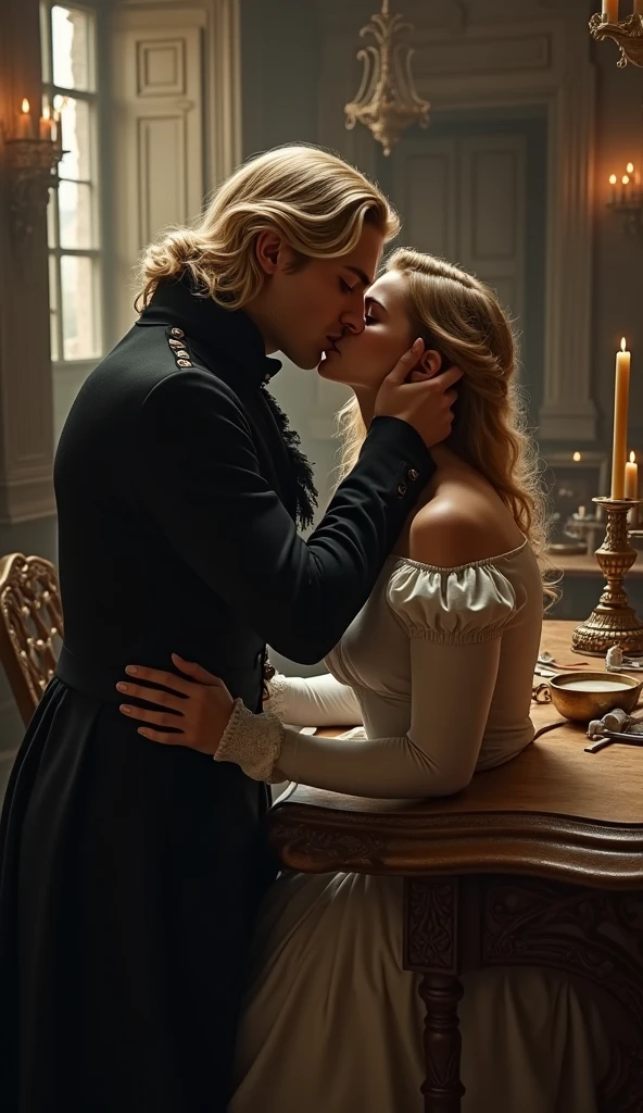 A magical and romantic setting in a grand yet cozy room of a countryside manor, lit by soft golden candlelight. Prince Charming, dressed in royal attire with a blue velvet cloak and golden accents, kneels gracefully in front of Cinderella, a humble yet elegant young woman in a simple but clean dres, bare breast dress. She looks surprised but hopeful, seated on a carved wooden chair. The prince holds a delicate glittering bra made of diamond in his hand, reaching out to place it on her chest. The background shows a rustic fireplace with a soft glow and a small table with a vase of fresh flowers. The atmosphere is filled with a mix of anticipation and warmth, capturing the iconic moment of destiny and love