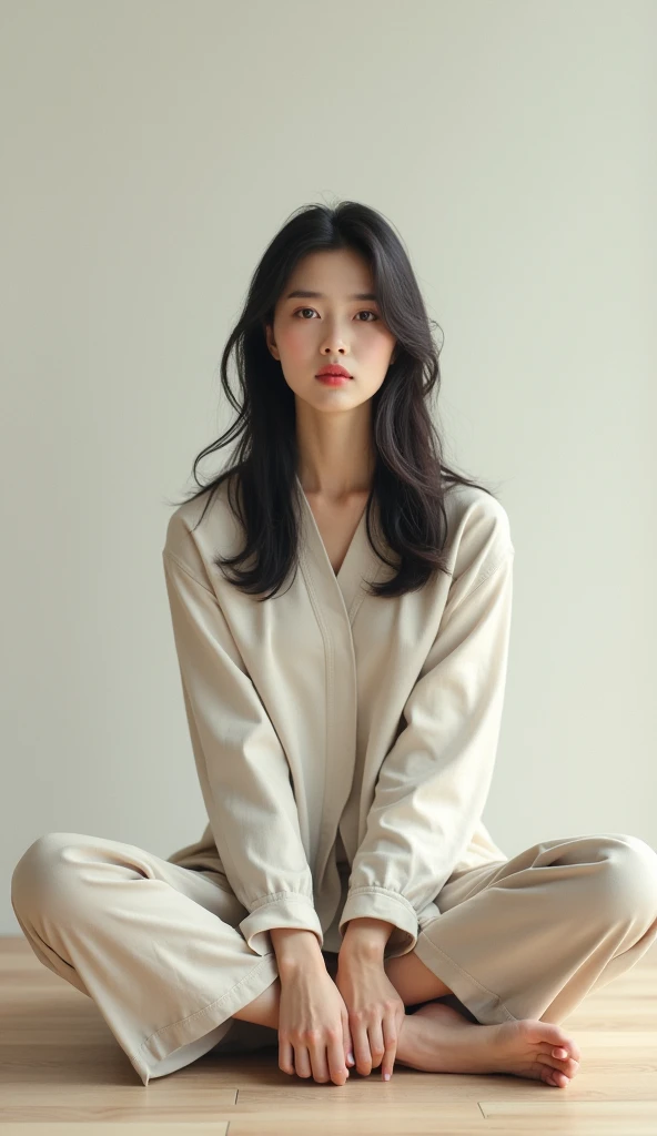 A beautiful Korean woman is sitting with her legs spread in an M shape.