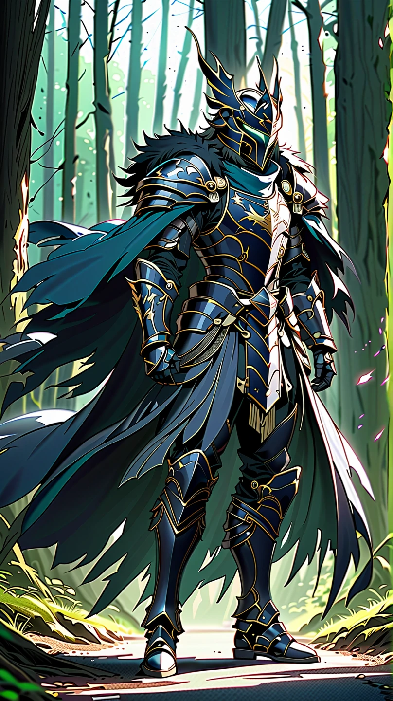 man,  Fairy Slayer , Holy Knight,Wears heavy armor( blue black green ),helmet,karate,,Fur collar , black fur cape (Floating ),  background light in the forest,On the road,Strong wind, Full Body View , man,  Very detailed,  high detail 