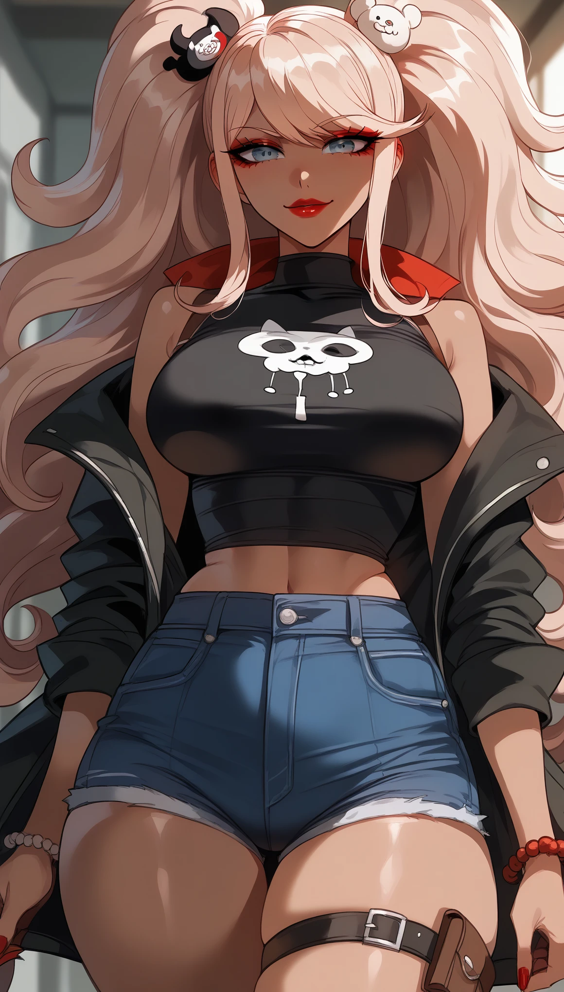  perfect eyes、 perfectly sexy face、Ultra Detailed、Junko Enoshima、Danganronpa、shiny hair、( Big breasts ), black shirt、black jacket、Tight Waist、thin waist、 dark blue denim shorts、 Thigh straps 、shiny skin、 tanned skin 、Beleza、erotic、Red Eyeliner、 red lips、wicked smile、 looking at the spectator、