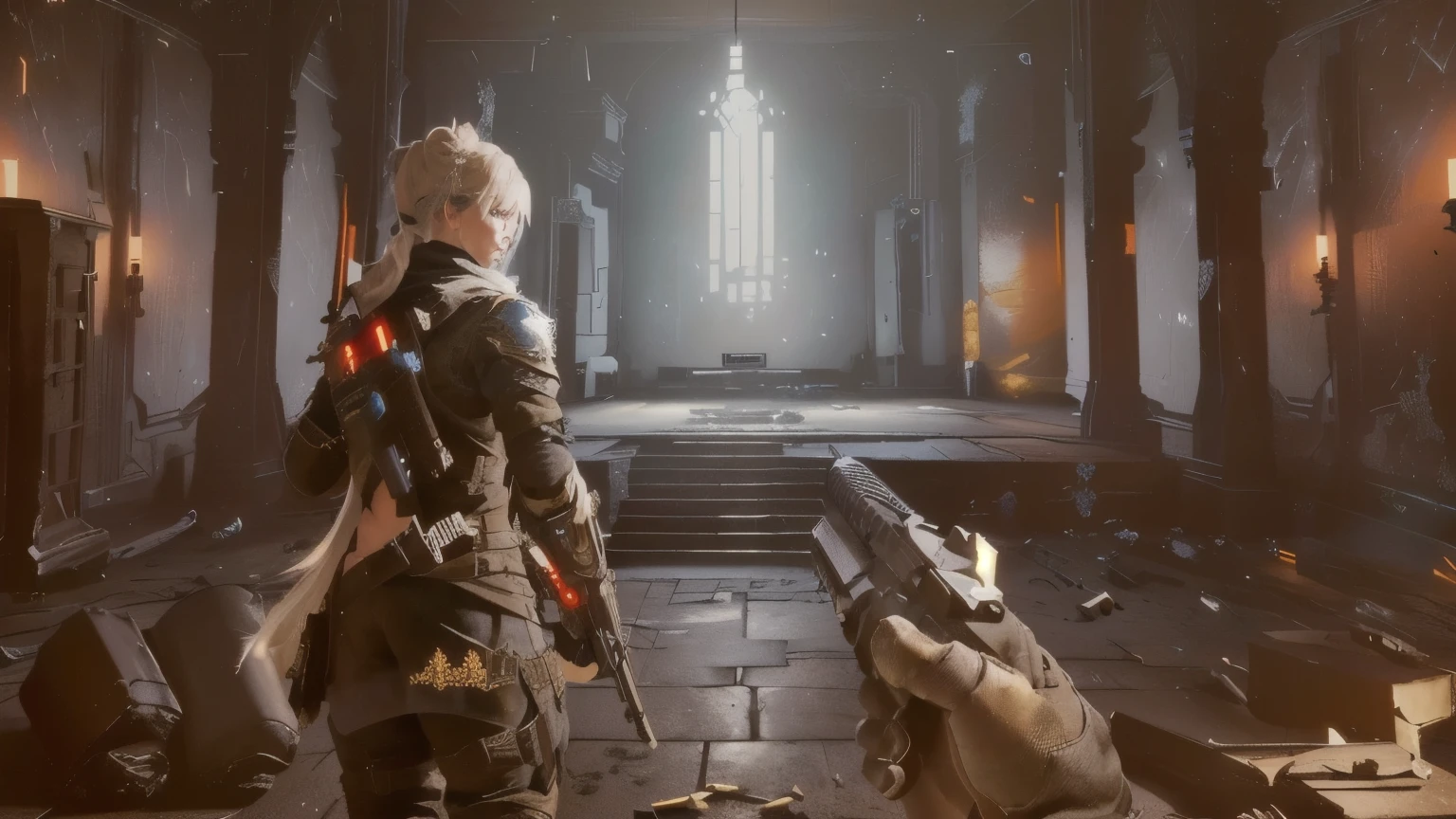 a close up of a person holding a gun in a room, unreal engine fantasy art, lineage 2 revolution style, solo performance unreal engine, video game screenshot>, rendering unreal engine 5, action rpg video game, fps game concept art, render in unreal engine 5, shading unreal engine 5, rendered unreal engine 5, akihiko yoshida. unreal engine