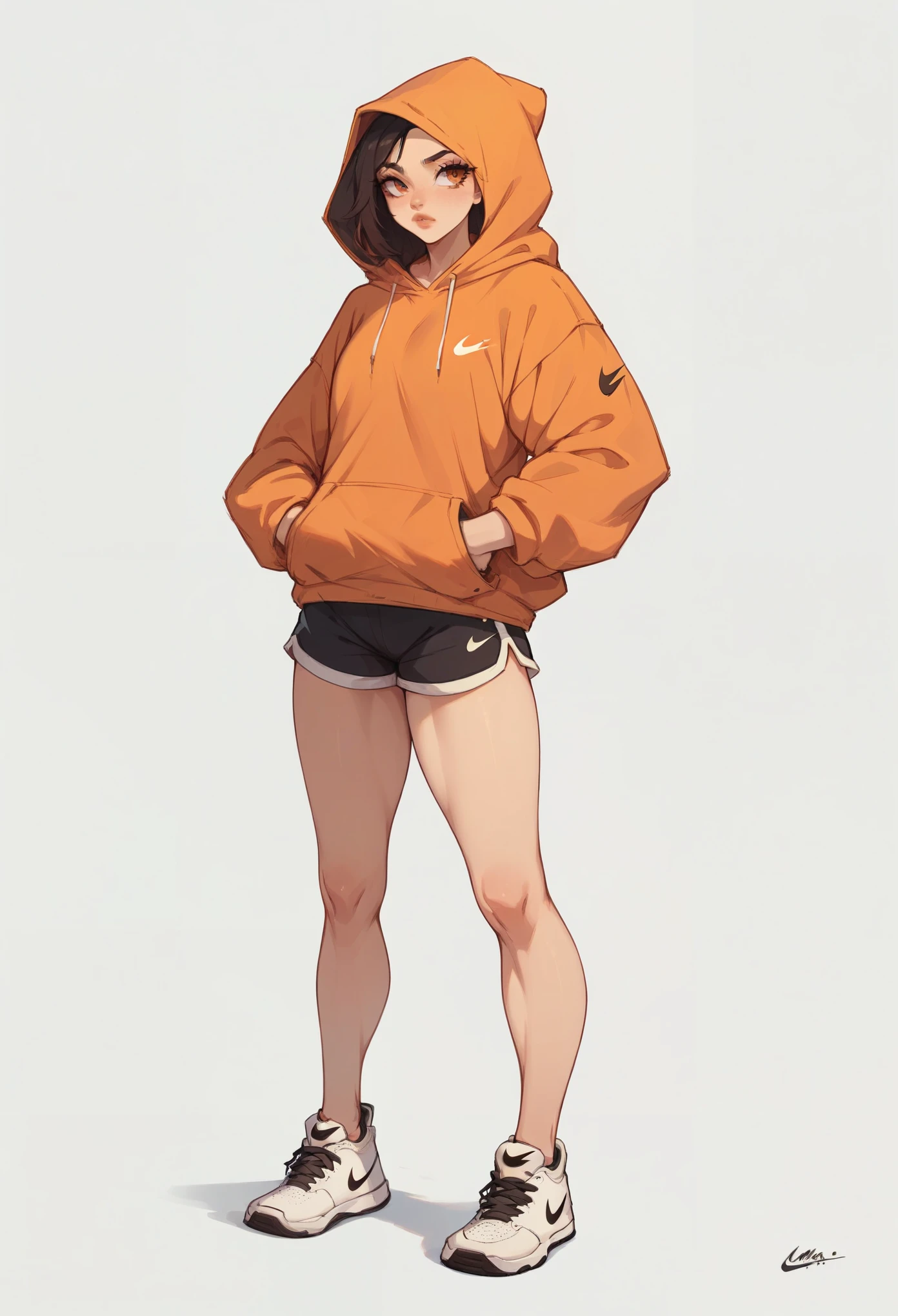 girl  wearing orange hoodie,  ,  ,nike shorts, sneakers , white background, nike logo ,standing