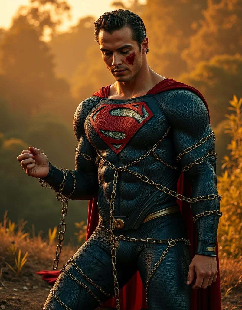 (Nicholas Alexander Chavez in a Superman suit:1.8), (Superman suit Torn:1.8), Ripped, Man in Tight Superman suit, One Eye Closed, (((Muscular, Fit, Nicholas Alexander Chavez in a Superman suit))), (Bloodstain on Cheek), Wearing a Superman suit, (((Big Arms, Toned Chest, Muscular, ))), (((Ripped Six-Pack))), (((Body Tied with green glowing Tight Chains))), (((Short-Haired Man))), (((Muscular, Big Torso))), (((Handsome, Fit Body))), ((Short Hairstyle))), Kneeling, (((Arms Behind Back))), The scene is bathed in the warm golden light of the sun 