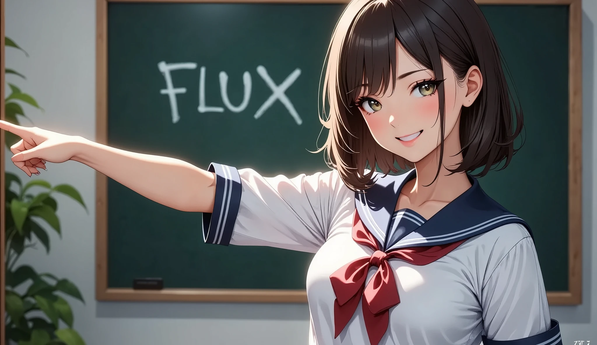 Jubilant school girls ,  sailor suit,  Pose pointing at a blackboard , (((Pose in front of a blackboard ,  chalk text on blackboard in background:"JKstyle FLUX"))),  soft focus , ( High Quality,4K,8k,High Resolution, Masterpiece :1.2),Super detailed, ( real, Photorealistic , photorealism :1.37),Dreamy, Fantasy,  Dramatic Lighting ,  Cinematic Mood ,  Calm Colors ,  Cool Tone , Fascinating landscape,