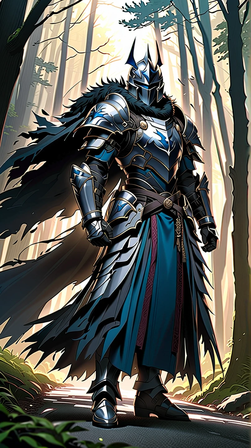 man,  Fairy Slayer , Holy Knight,Wears heavy armor(blue black),helmet,karate,fear,Fur collar , black fur cape (Floating ),  background light in the forest,On the road,Strong wind, Full Body View , man,  Very detailed,  high detail 