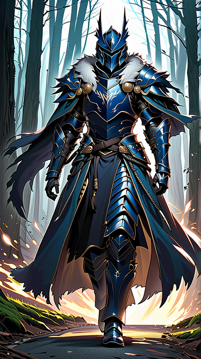 man,  Fairy Slayer , Holy Knight,Wears heavy armor(blue black),helmet,karate,fear,Fur collar , black fur cape (Floating ),  background light in the forest,On the road,Strong wind, Full Body View , man,  Very detailed,  high detail 