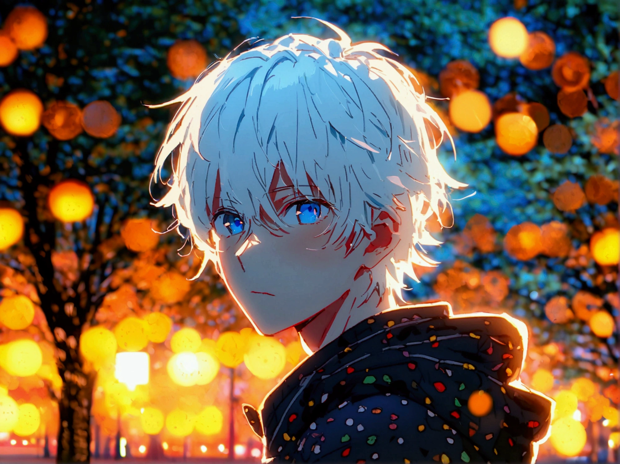 Anime of a 20 year old boy with white hair and blue eyes, background park, autophoto, selfie, night, background light, tomándose foto a sí mismo
