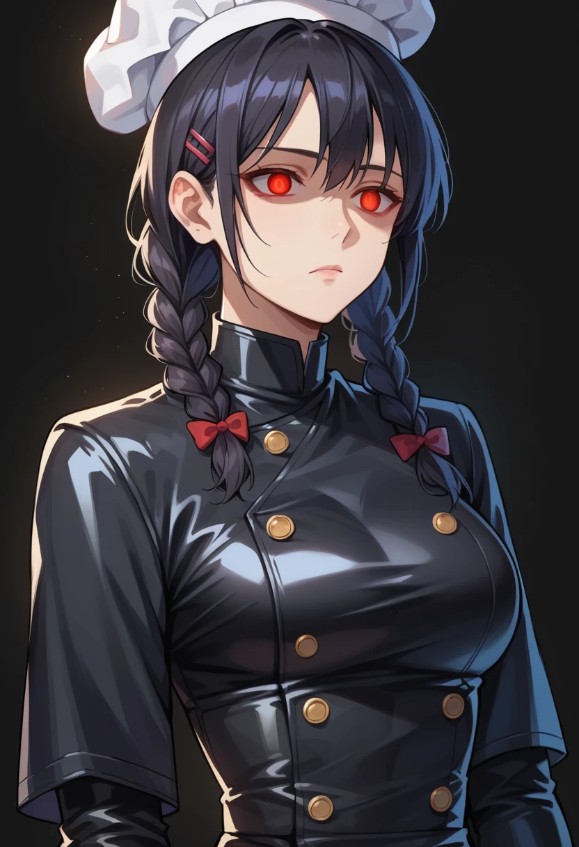 score_9, score_8_up, score_7_up, score_6_up, score_5_up, score_4_up, BREAK source_anime, tadokoro megumi, Black Hair, twin braids, hairclip,(Red eyes), glowing eyes, breasts,((empty eyes)),Expressionless,(stand up), ((Black latex chef uniform)), cowboy shot, black background, simple background,