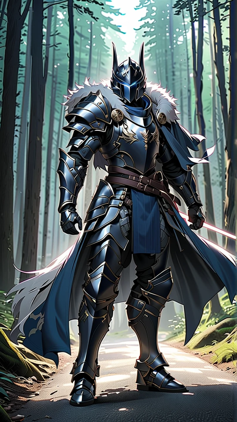 man,  Fairy Slayer , Holy Knight,Wears heavy armor(blue black),helmet,karate,fear,Fur collar , black fur cape (Floating ),  background light in the forest,On the road,Strong wind, Full Body View , man,  Very detailed,  high detail 