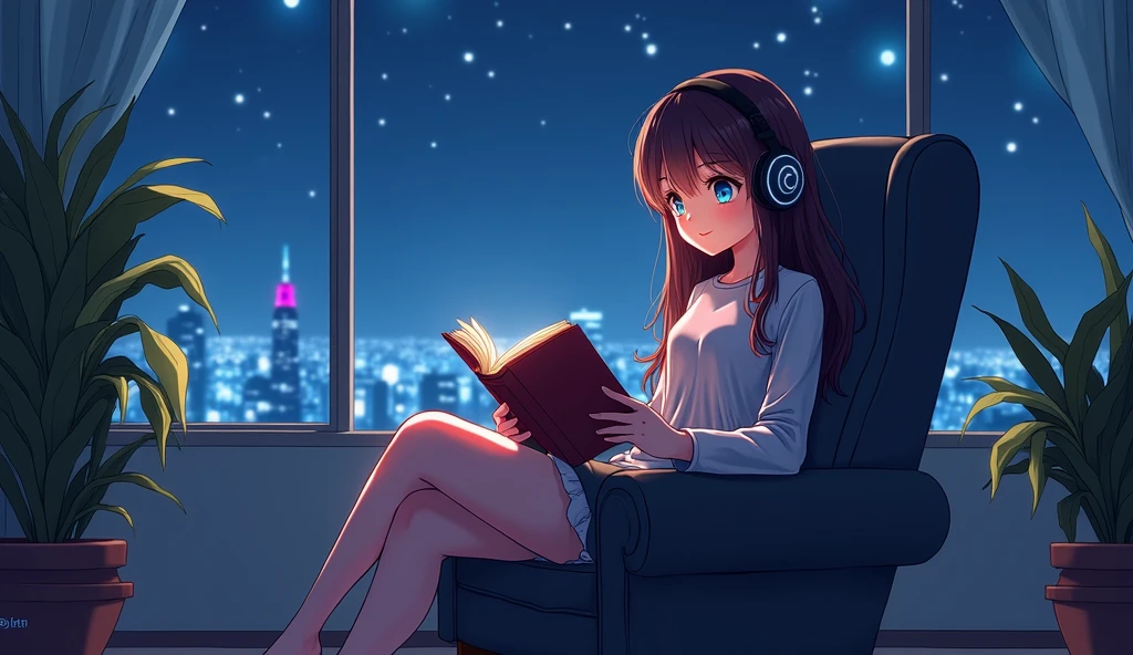 A beautiful girl studying while listening to music in her room、Dim lighting、Outside the window is a starry sky、Japanese anime style