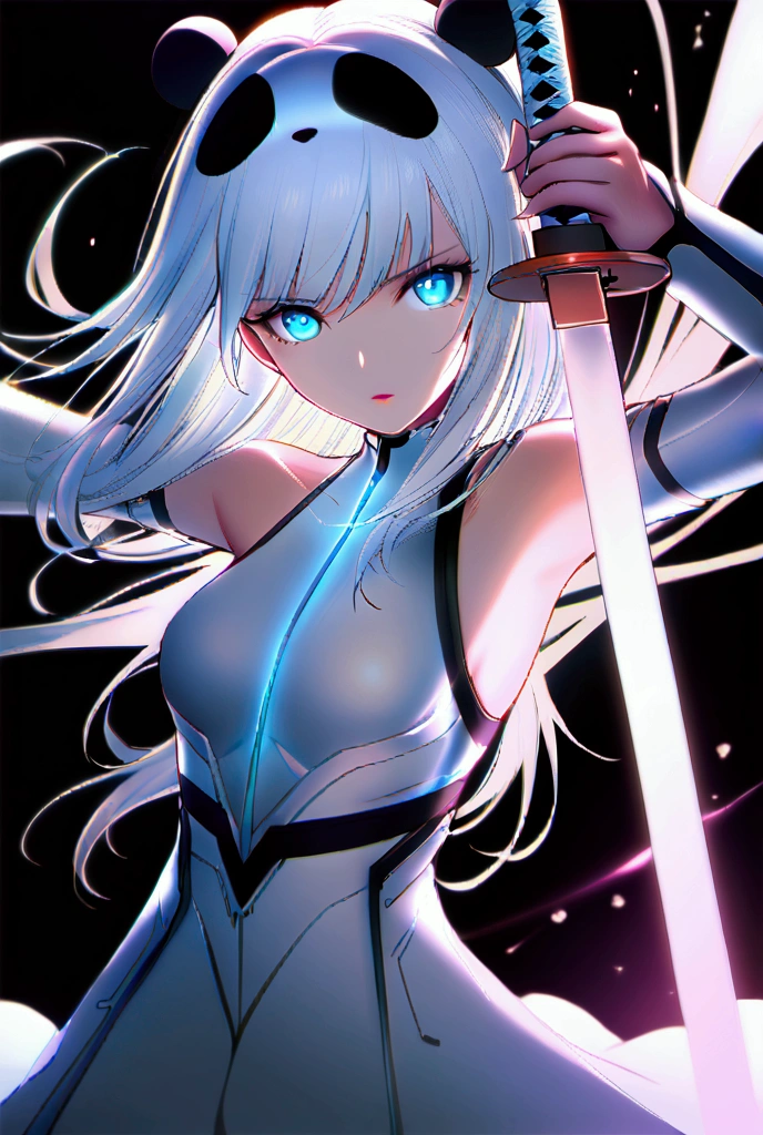  1 girl,  pure white hair,Swinging a sword, panda ears , blue eyes,aldult
