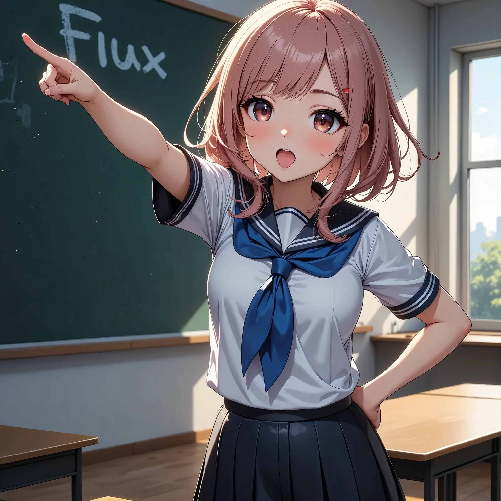 Jubilant school girls ,  sailor suit,  Pose pointing at a blackboard , (((Pose in front of a blackboard ,  chalk text on blackboard in background:"JKstyle FLUX"))),  soft focus , ( High Quality,4K,8k,High Resolution, Masterpiece :1.2),Super detailed, ( real, Photorealistic , photorealism :1.37),Dreamy, Fantasy,  Dramatic Lighting ,  Cinematic Mood ,  Calm Colors ,  Cool Tone , Fascinating landscape,