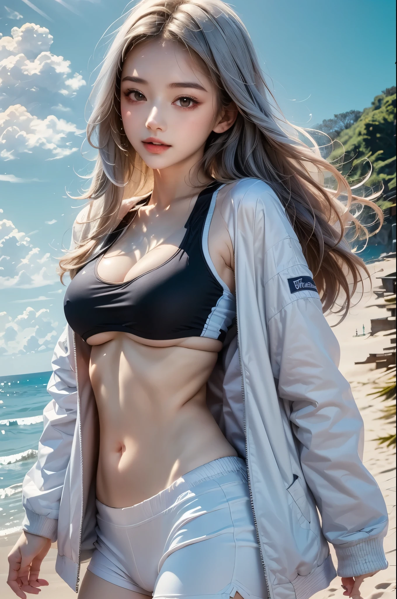 2.8D illustration, masterpiece, best quality, 1girl, medium breasts, underboob, white hair, long hair, beautiful, sea, beach, ocean, sky, noon, sunlight, sports wear, sports girl, black-and-white clothing, short jacket. face:sweet girl
