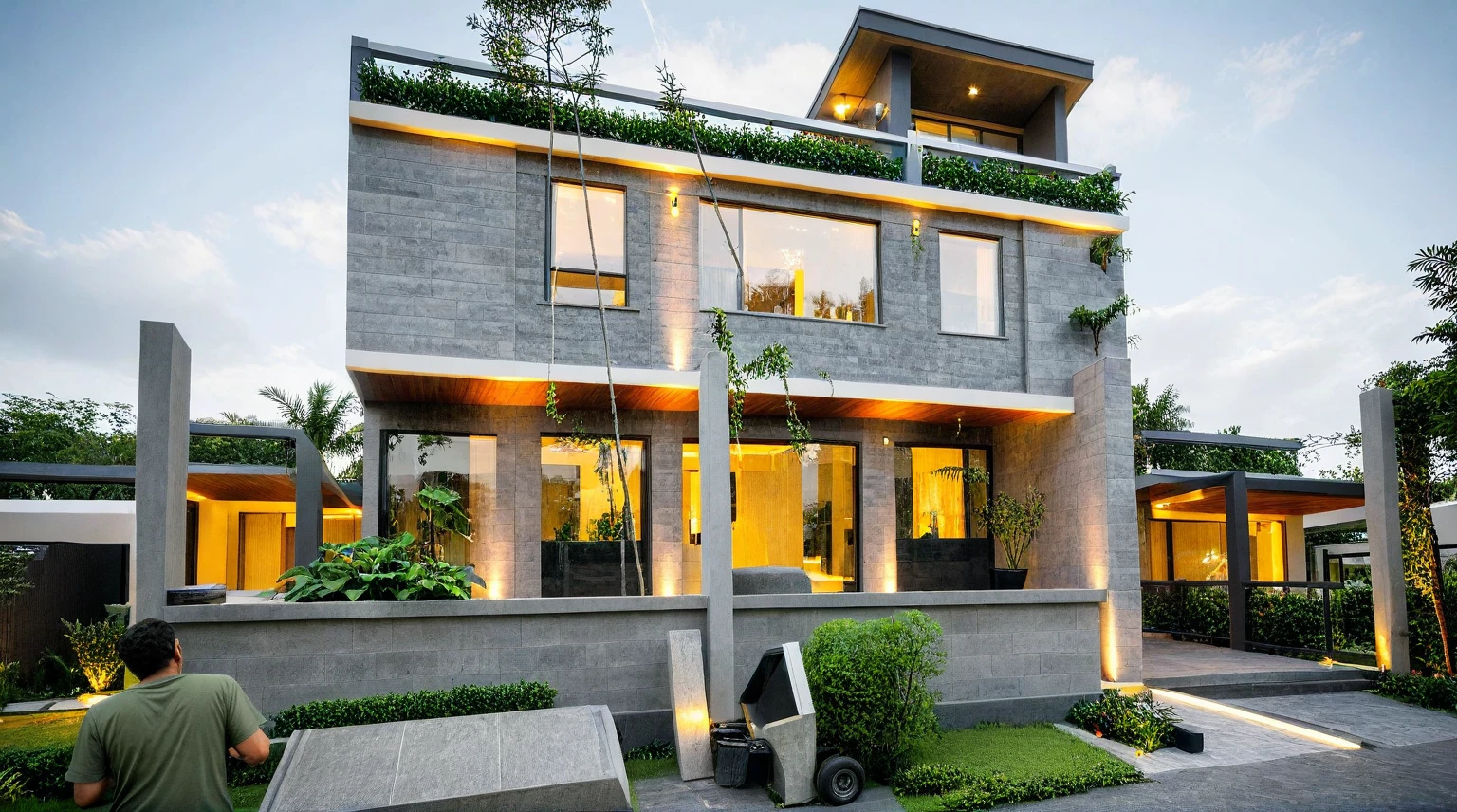 Masterpiece, high quality, best quality, authentic, super detail, outdoors, onestoreyvillaXL, aiaigroup, house style modern on the street ,stairs, white wall ,road,pavement, grass, trees, sky, cloud, (daylight:1.1)
