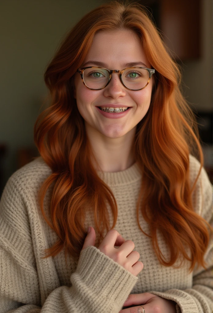 1 girl, long red hair, glasses, freckles, , pussy Smiling, nude in stockings