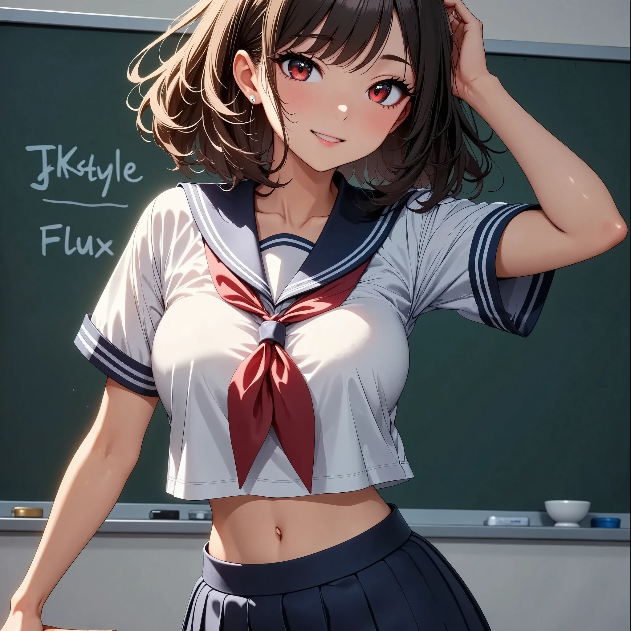 Jubilant school girls ,  sailor suit,  Pose pointing at a blackboard , (((Pose in front of a blackboard ,  chalk text on blackboard in background:"JKstyle FLUX"))),  soft focus , ( High Quality,4K,8k,High Resolution, Masterpiece :1.2),Super detailed, ( real, Photorealistic , photorealism :1.37),Dreamy, fantasy in a starry sky,  Dramatic Lighting ,  Cinematic Mood ,  Calm Colors ,  Cool Tone , Fascinating landscape,