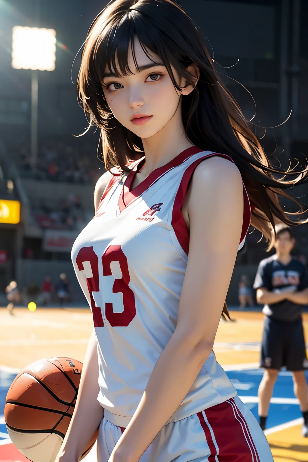 (8k,  best quality ,  artwork:1.2), (realistic, photo-realistic:1.37), ultra-detailed, best quality , ultra high resolution, professional lighting, photon mapping, radiosity, physically based rendering, cinematic lighting,  basketball court , depth of field, sharp focus,sunshine, good composition,(bokeh:1.2) 1 girl,Alone,(whole body), (Closed mouth),  detailed eyes, pose, narrow waist,basketball uniform,  black hair ,Messy hair,long hair flowing in the wind,(ulzzang-6500:1.2),  mix4, Hiqcgbody