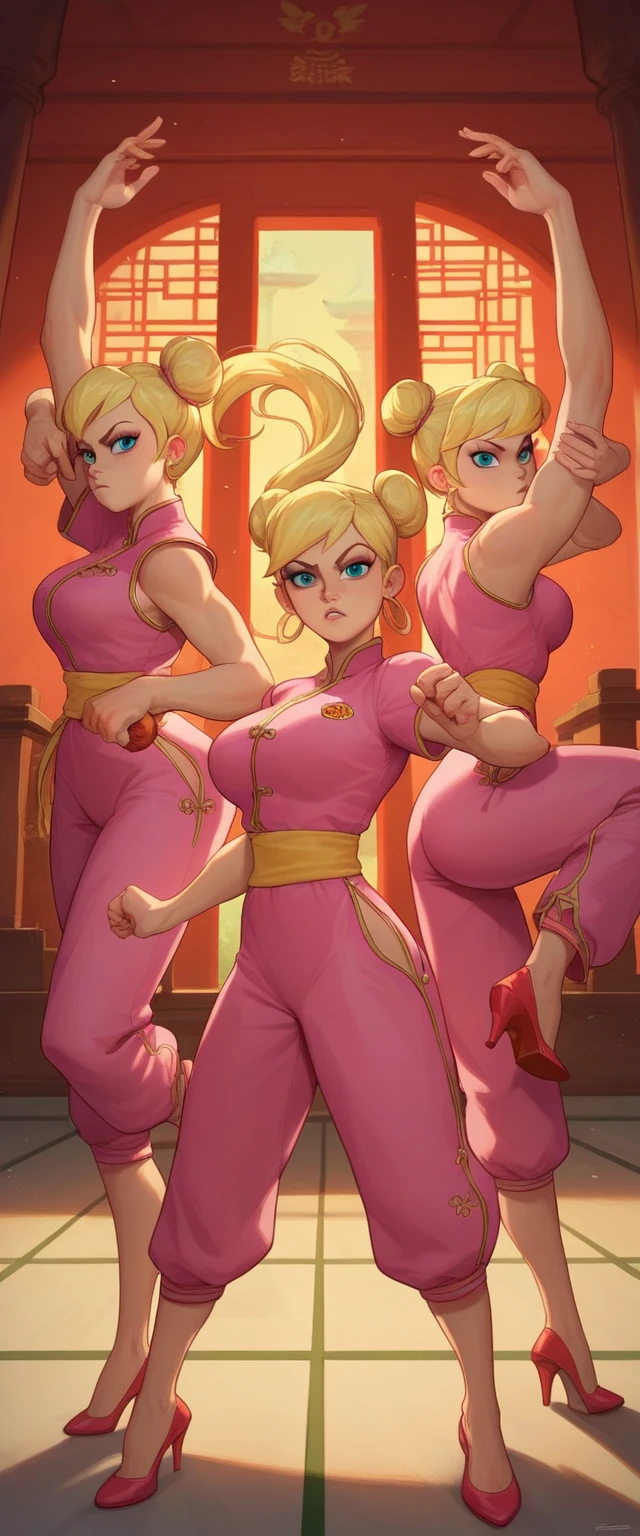 lola loud, 3girl, trio, 24yo girl, large breasts, pink cheongsam,  inside of a chinese temple, looking at viewer, blonde hair, two hair buns , hands  score_9, score_8_up, score_7_up, high heels, teep fighting stance,martial arts, triplets