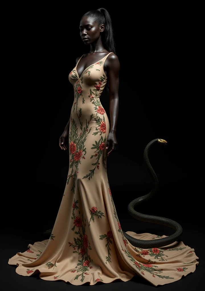 A realistic image of an African woman representing African royalty. She has long, wavy hair flowing down her back, exuding a sense of elegance and grace. She is wearing a light pink royal gown adorned with intricate designs, highlighting her regal status. In one hand, she holds a calabash, a symbol of cultural heritage and tradition. A shimmering pink snake is wrapped around her body, its glittering scales catching the light, with the snake’s head resting on her shoulder, adding an element of power and mystique. The background is a grand palace, filled with majestic architectural details that emphasize her royal aura. The composition captures a perfect blend of nobility, strength, and cultural richness, creating a captivating and majestic scene.