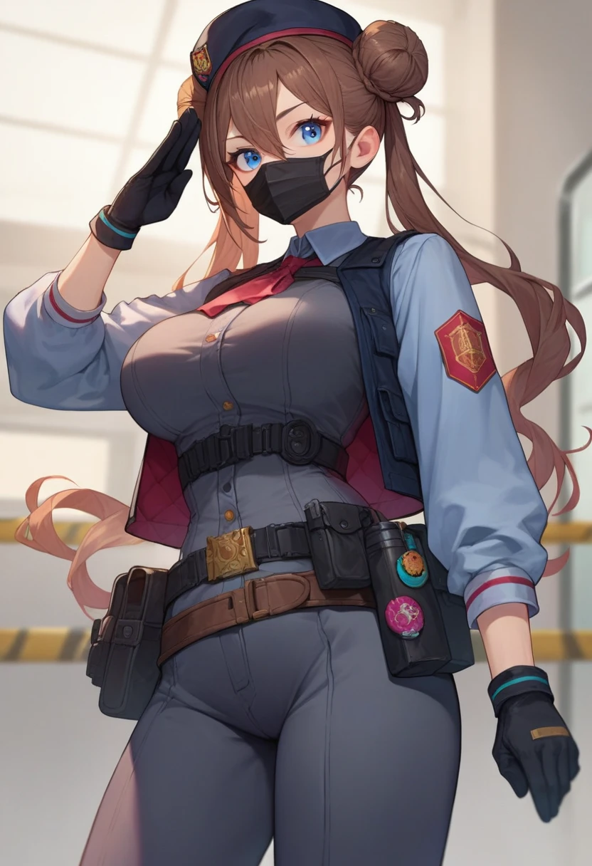 score_9, score_8_up, score_7_up, score_6_up, source_anime, 1girl, solo, brown hair, double bun, doughnut hair bun, hair bun, blue eyes, hair between eyes, twintails,black beret, mouth mask, black vest, grey bodysuit, belt, black gloves, large breasts, standing,salute,cowboy shot, laboratory