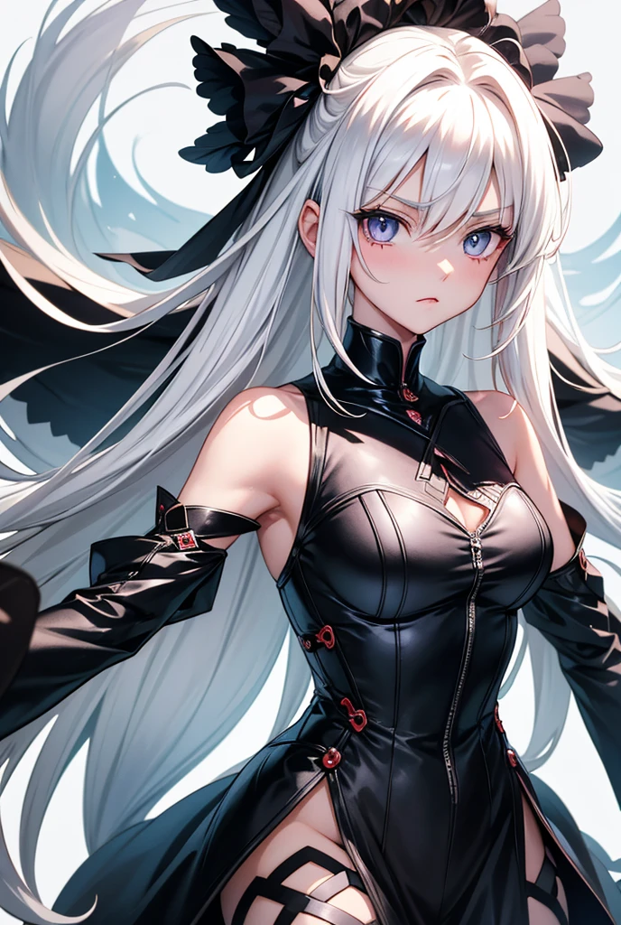 disaster々A beautiful girl with a shinigami's scythe、She has silver hair and silver eyes that emit a mysterious light.、Wearing a black robe and white skirt、Lightning is shining behind me、Where are the clothes?々Ripped、smiling belligerently