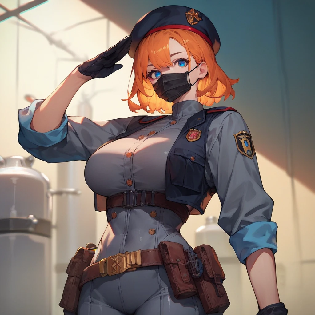 score_9, score_8_up, score_7_up, score_6_up, source_anime, 1girl, solo, pmpgrunt, orange hair, medium hair, blue eyes, black beret, mouth mask, black vest, grey bodysuit, belt, black gloves, large breasts, standing,salute,cowboy shot, laboratory