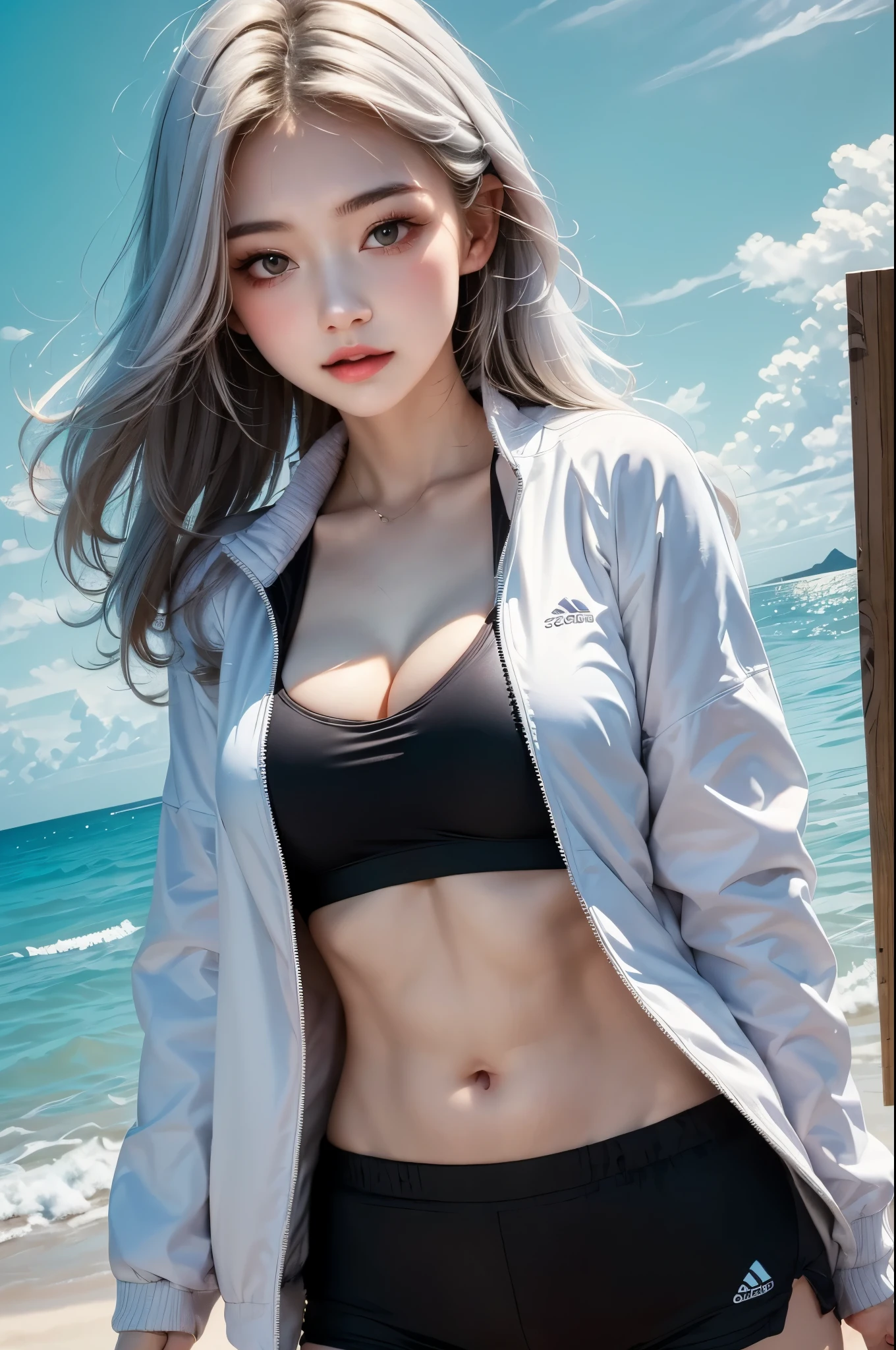 2.8D illustration, masterpiece, best quality, 1girl, medium breasts, sideboob, white hair, long hair, beautiful, sea, beach, ocean, sky, noon, sunlight, sports wear, sports girl, black-and-white clothing, short jacket. face:sweet girl
