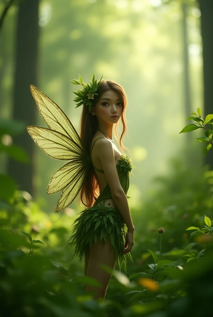 (Amended) tiny, nude fairy sitting under an amanita muscaria mushroom in the forest, drinking a cup of tea while watching the rain, with extremely detailed, hot model, fairy wings, a happy expression on her face, and a smiling expression, surrounded by lush greenery and vibrant flowers. The painting should have a surreal and dreamlike quality, with vivid colors and soft, natural lighting. The fairy should have beautiful, delicate features, including detailed eyes, rosy cheeks, and perfectly shaped lips. The mushroom should have vibrant red and white caps, with intricate patterns and textures. The cup of tea should be elegant and ornate, with steam rising from it, and should exude a warm and inviting feeling. The rain should be depicted as gentle and refreshing, adding to the atmosphere of tranquility and serenity. The overall image should be of the highest quality, with fine details, realistic shading, and a sense of depth.