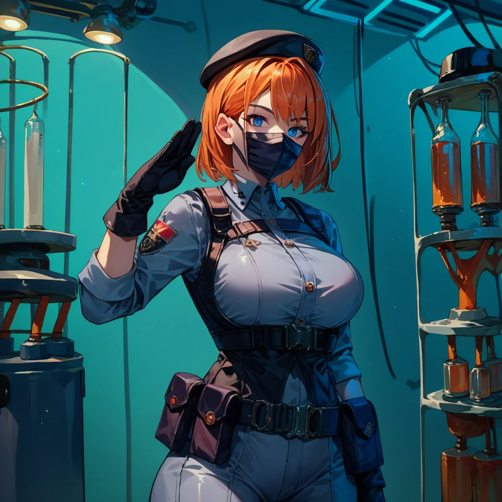 score_9, score_8_up, score_7_up, score_6_up, source_anime, 1girl, solo, pmpgrunt, orange hair, medium hair, blue eyes, black beret, mouth mask, black vest, grey bodysuit, belt, black gloves, large breasts, standing,salute,cowboy shot, laboratory