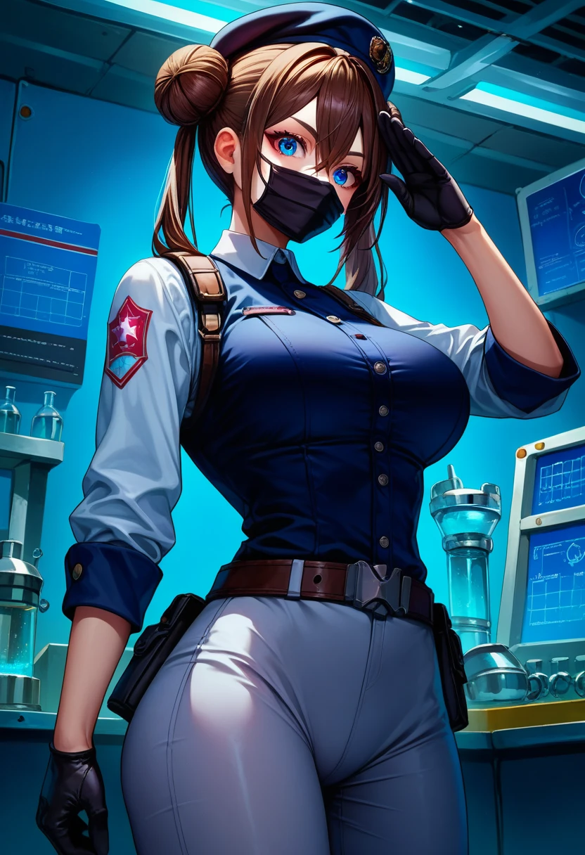 score_9, score_8_up, score_7_up, score_6_up, source_anime, 1girl, solo, brown hair, double bun, doughnut hair bun, hair bun, blue eyes, hair between eyes, twintails,black beret, mouth mask, black vest, grey bodysuit, belt, black gloves, large breasts, standing,salute,cowboy shot, laboratory