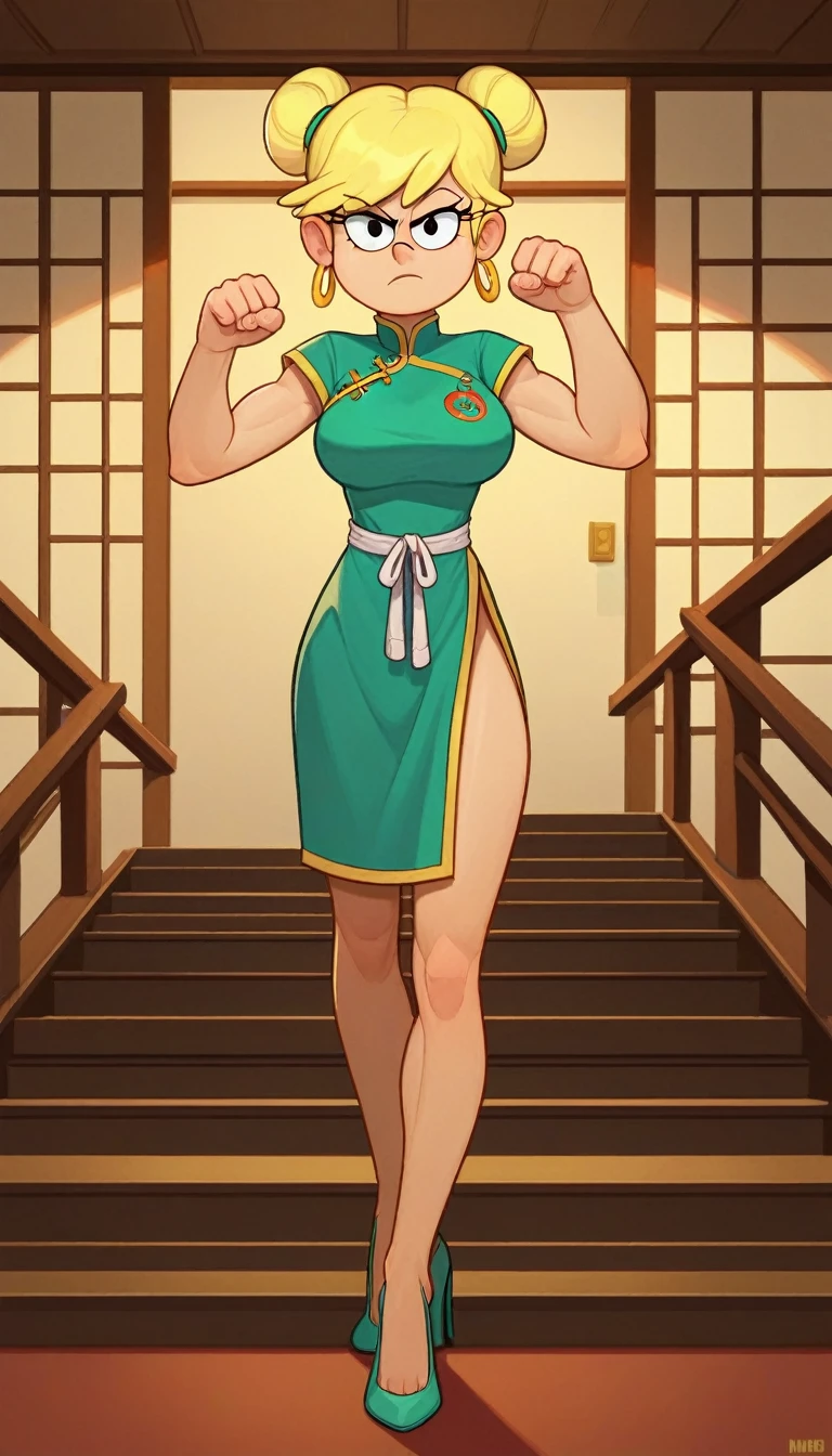 leni loud, 1girl, solo, 24yo girl, large breasts, green cheongsam,  inside of a chinese temple, dojo, looking at viewer, blonde hair, two hair buns , hands  score_9, score_8_up, score_7_up, high heels, teep fighting stance,martial arts, stairs behind her, guarding the stairs, a door behind the stair, chinese writings on the wall