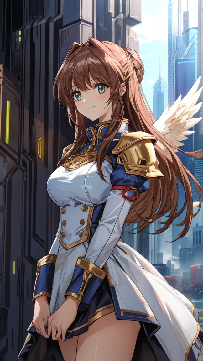 masterpiece,( best quality),highlydetailed,Super detailed, 1 girl,(MechanicalWings:Golden, glowing eyes:green,Goldenrarmor:1.2,Long ears:0.8),( Cyberpunk City :1.5,arms:Energy Blade),(Fantasy Landscape:1.2,Natural Light:1.5, confident expression ),( panorama:1.2),Mecha, smile,angle,Angels, Wings,chromium,born