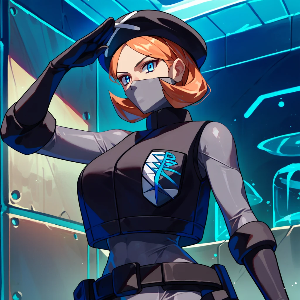 score_9, score_8_up, score_7_up, score_6_up, source_anime, 1girl, solo, pmpgrunt, orange hair, medium hair, blue eyes, black beret, mouth mask, black vest, grey bodysuit, belt, black gloves, large breasts, standing,salute, laboratory