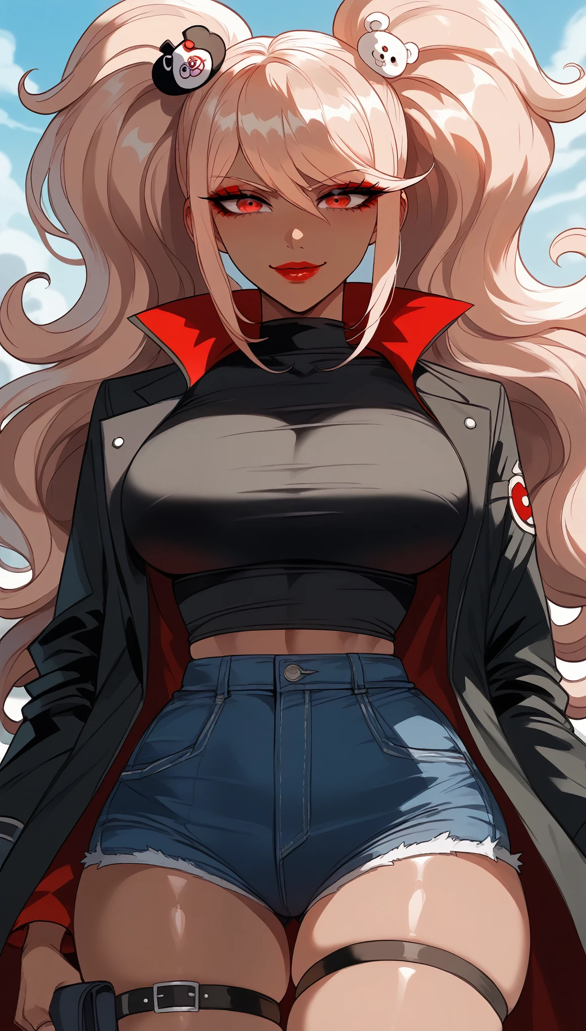 perfect eyes、 perfectly sexy face、Ultra Detailed、Junko Enoshima、Danganronpa、shiny hair、( Big breasts ), black shirt、black jacket、Tight Waist、thin waist、 dark blue denim shorts、 Thigh straps 、shiny skin、 tanned skin 、Beleza、erotic、Red Eyeliner、 red lips、wicked smile、 looking at the spectator、