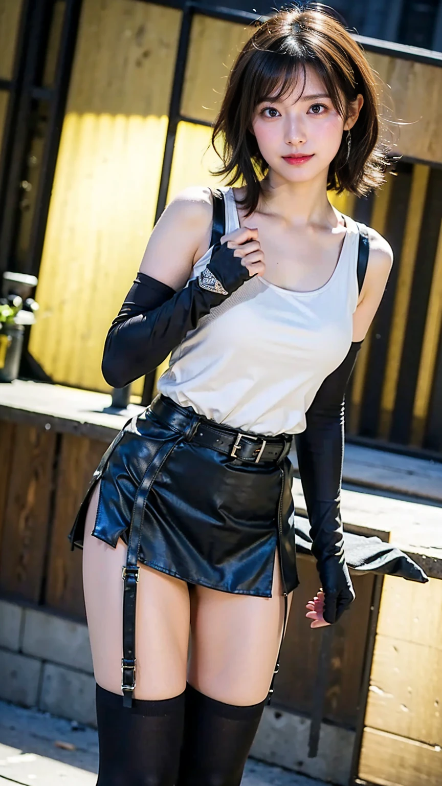 Official art, extremely detailed CG Unity 8k wallpaper, best quality, masterpiece, high resolution, beautiful girl ninja, short hair, black crop top leather armor, brown belt, scabbard on thigh, Japanese sword, leather gloves, black minileather skirt, black over-the-knee flat boots, tight leather suit, leather texture, full body photo, melon face, small face, fell to the ground, leaking out of the bottom of the skirt