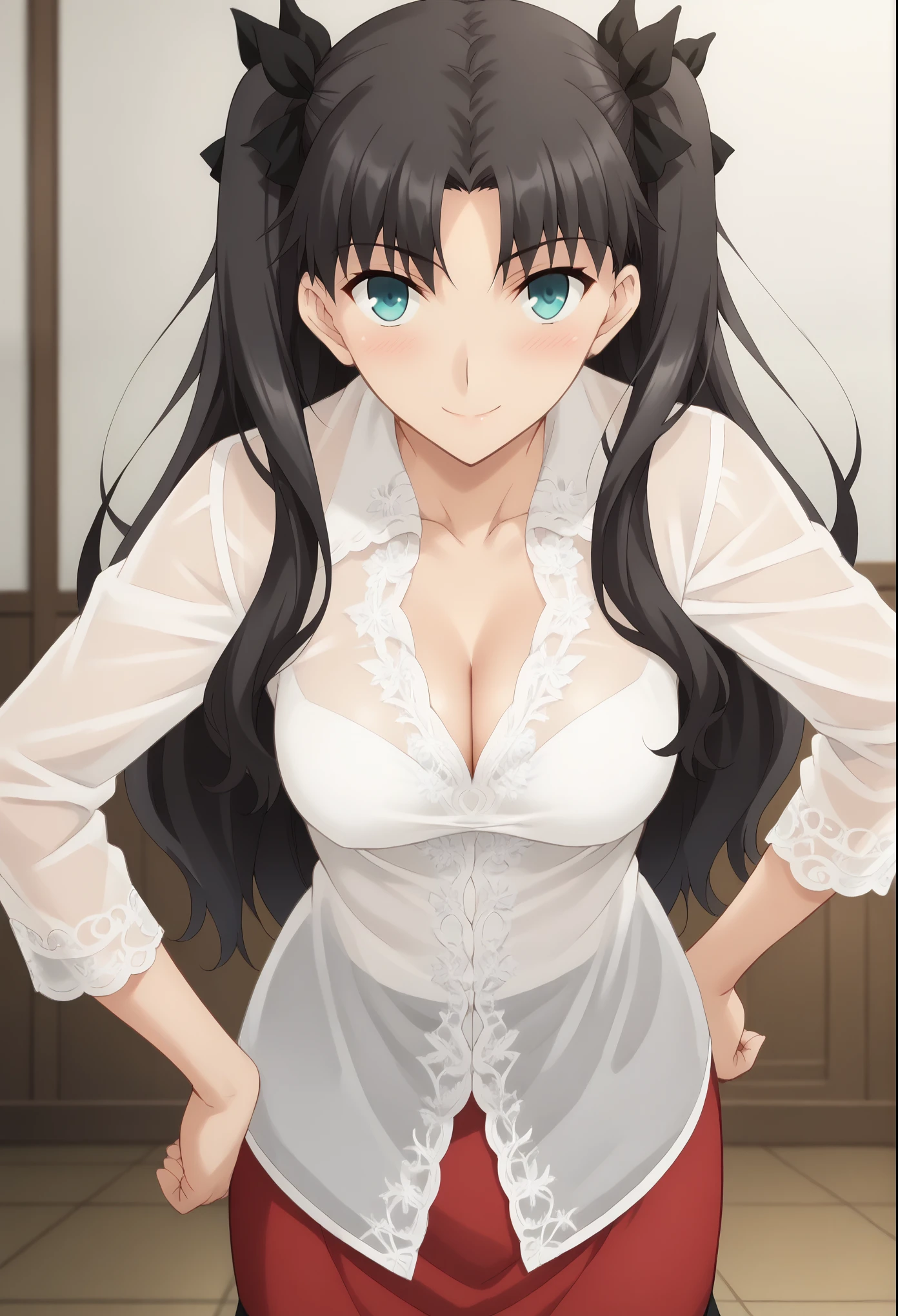 score_9, score_8_up, score_7_up, masterpiece, best quality, source_anime , BREAK 1girl, rin tohsaka, aqua eyes, black hair, hair ribbon, long hair, ribbon, sidelocks, two side up, parted bangs, medium breasts, see-trough, white shirt, cleavage,  skirt, kebaya dress, kebaya, indoors, smile, looking at viewer, anime screencrap, hand on own hip,, looking at viewer, bent over, smile, blush,, cowboy shot, dutch angle,