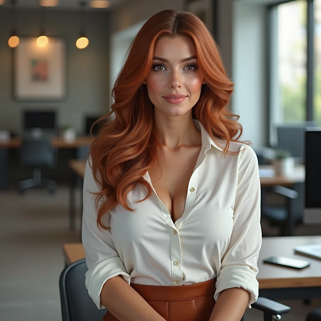 An attractive young woman with fair skin and red hair, long and wavy in an elegant bun, is sitting in a modern, well-lit office. She wears a blazer. Her body is curvy, fleshy lips, with wide hips and a slim waist, white fitted cut, that highlights your silhouette in an elegant way. The expression on his face is soft and contemplative., with clear eyes that . The surrounding scenery is a professional office, with bookshelves, documents, and a computer screen visible in the background, all blurred enough to keep the main focus on the woman. The lighting in the room is soft and natural, highlighting the details of her skin and the subtle shine of her delicate necklace. The image must capture the woman&#39;s body from the waist up, in a pose that exudes confidence and elegance, while the surrounding environment suggests a sophisticated and organized work scenario.