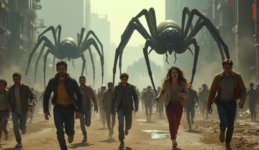 "A highly realistic and intense scene set in a dark, abandoned city street. A car is surrounded by several giant spiders with long, hairy legs and glowing red eyes. The spiders are aggressively jumping onto the car, denting the roof and windows. Inside the car, a group of terrified people are panicking, their faces showing sheer horror as they try to escape the situation. The city's buildings loom ominously in the background, with streetlights casting eerie shadows, and spider webs draped over the buildings and street, creating a sense of terror and impending doom."