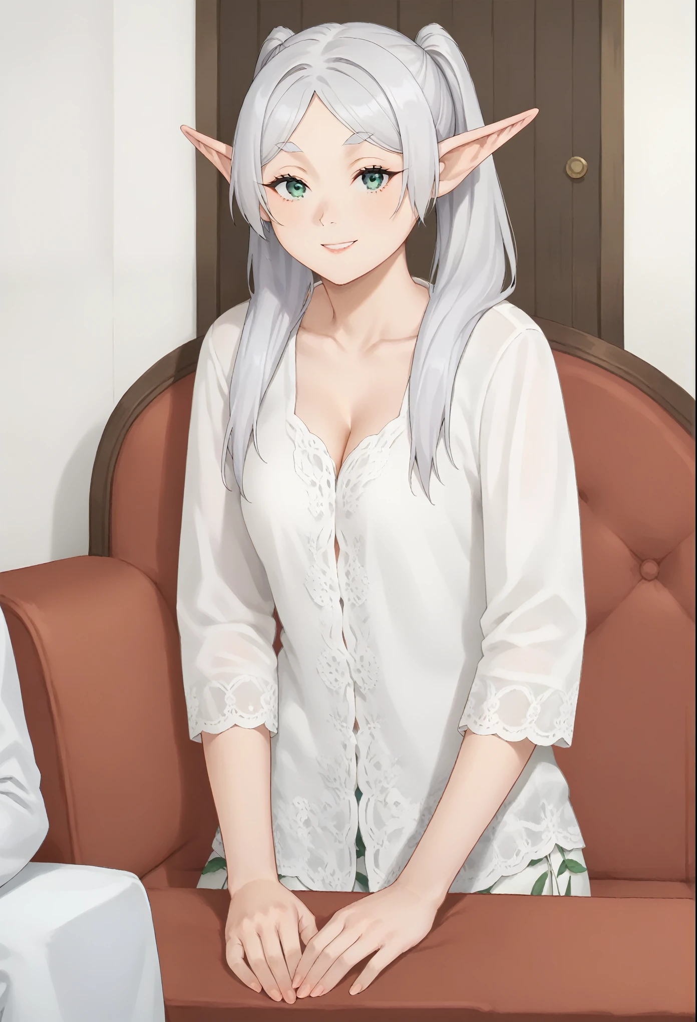 score_9, score_8_up, score_7_up, masterpiece, best quality, source_anime , BREAK 1girl, frieren, long hair, twintails, green eyes, grey hair, pointy ears, elf, medium breasts, see-trough, white shirt, cleavage, white shirt,  skirt, kebaya dress,indoors, smile, looking at viewer, see-trough, anime screencrap, sit on sofa