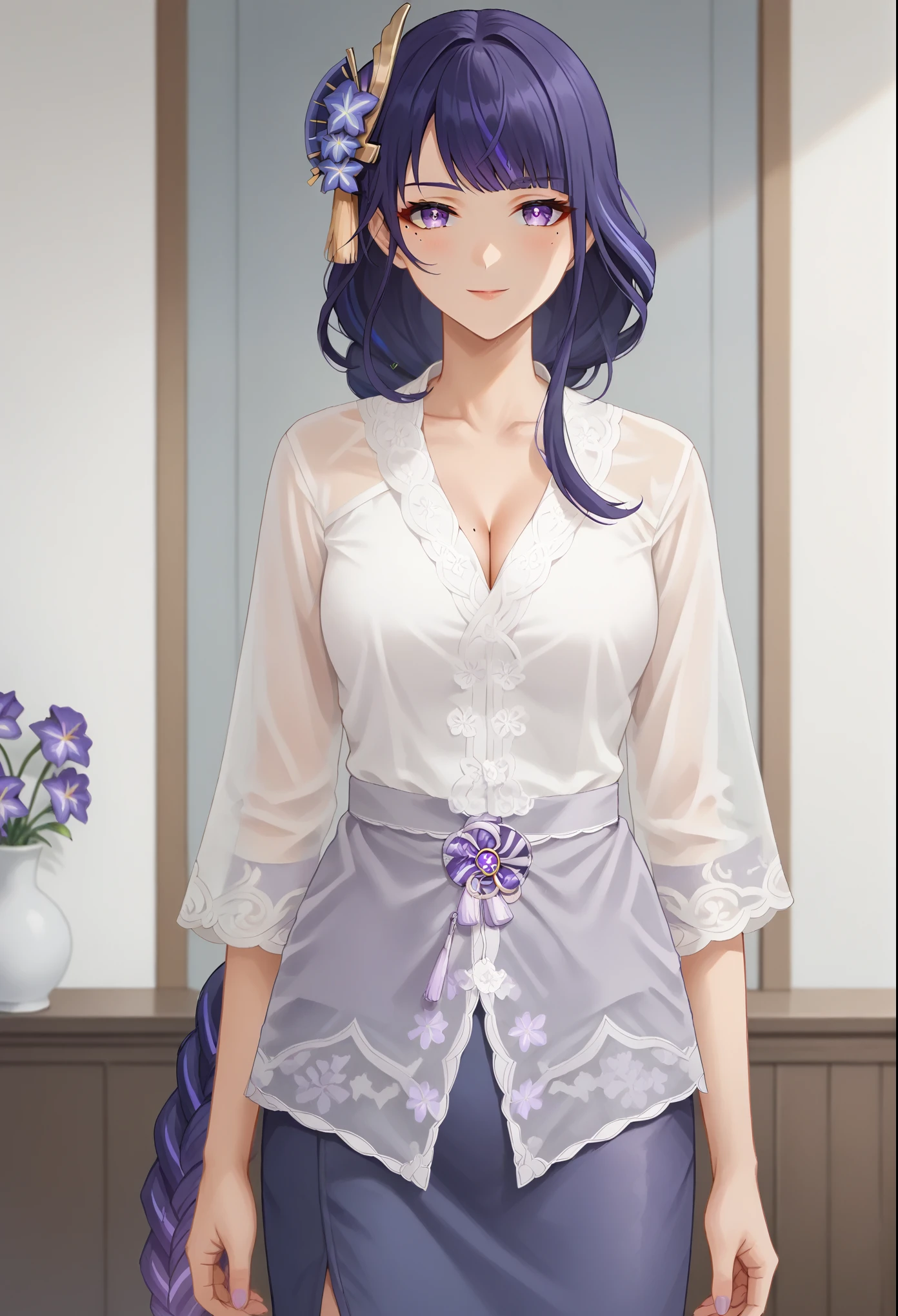 score_9, score_8_up, score_7_up, masterpiece, best quality, source_anime , BREAK 1girl, raiden shogun, braid, braided ponytail, hair flower, hair ornament, long hair, mole, mole under eye, purple eyes, purple flower, purple hair, single braid, sidelocks, see-trough, white shirt, cleavage,  skirt, kebaya dress, kebaya, indoors, smile, looking at viewer, anime screencrap, 