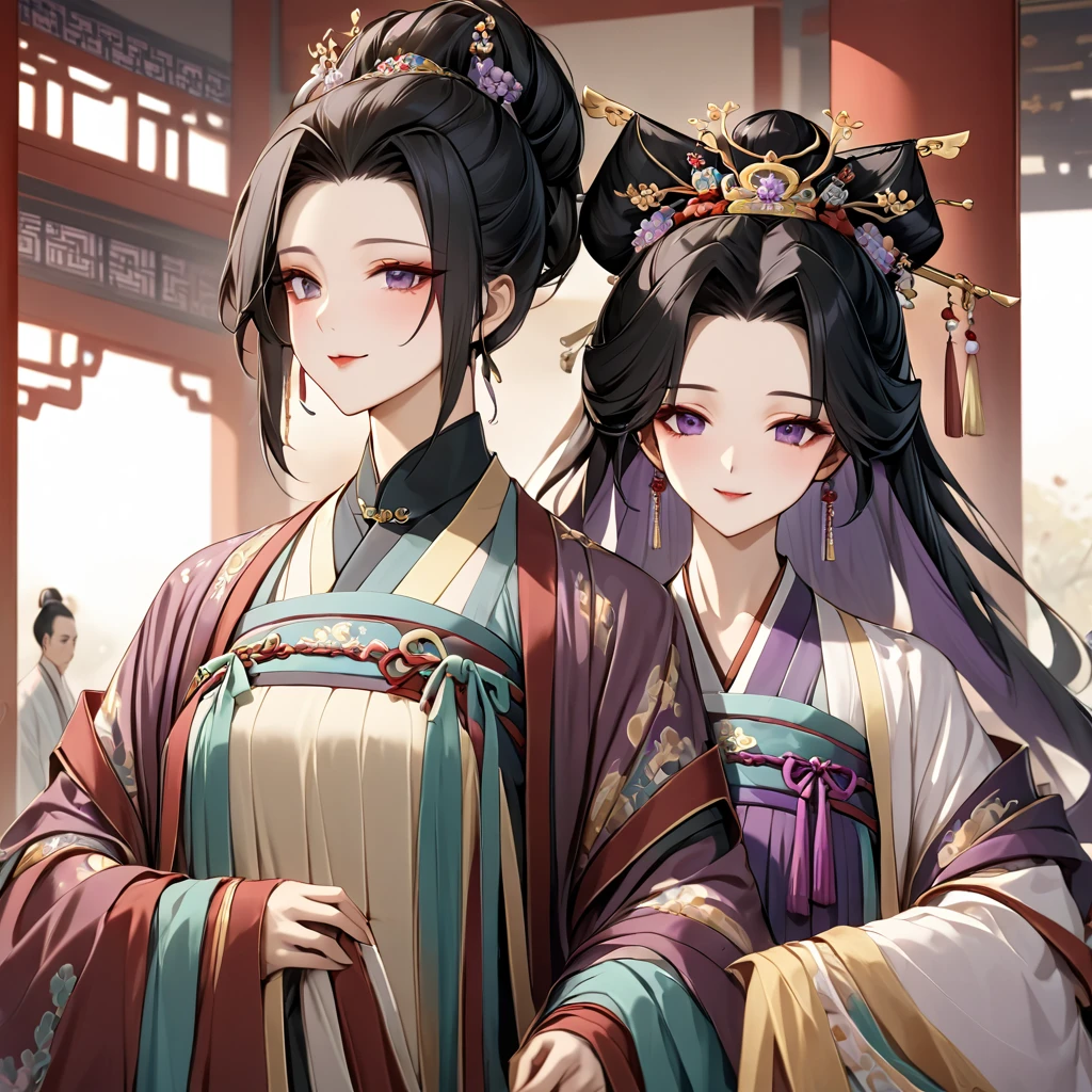 Both physically and mentally, the woman of the ancient Chinese empress has beautiful black hair with purple gradation color Kocho Shinobu, wears the ancient Chinese empress's luxurious Hanfu, pledges absolute loyalty and love to the man of the great ancient Chinese emperor, and supports and loves each other in public and private as a wife、((Best Quality)), ((masterpiece)), ( Details), （ perfect face）,The woman is Kocho Shinobu with outstanding proportions and is finished as a woman of an ancient Chinese empress in a Chinese mansion 、The woman is smiling gently