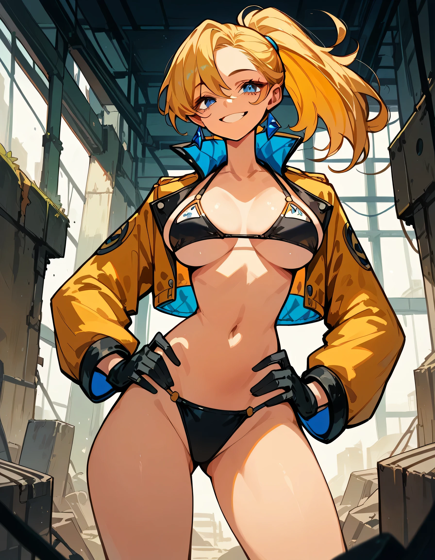 Masterpiece, best quality, Masterpiece, best quality, 1 woman , blue eyes , yellow ponytail , gloves ,nblack leather jacket , sly face , smile , bikini , abdomen, big breasts , thighs , hands on hips , abandoned factory , at night