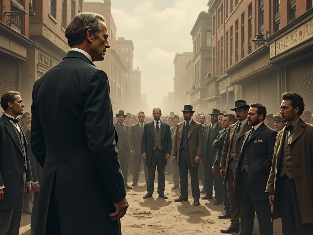 A scene showing the early workers expressing their discontent with the landowner's decision.