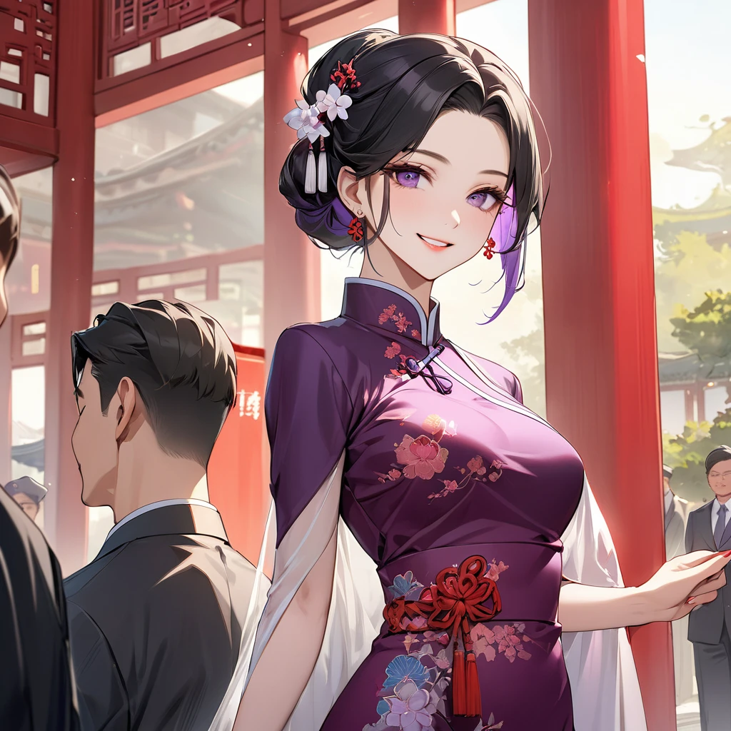 The woman who is a member of the Chinese Communist Party physically and mentally has beautiful black hair with purple gradation color Kocho Shinobu, wears a gorgeous and attractive Chinese dress of a Chinese Communist Party member, pledges absolute loyalty and love to a great Chinese Communist Party executive man, and supports and loves her husband in public and private as a wife、((Best Quality)), ((masterpiece)), ( Details), （ perfect face）,The woman is Kocho Shinobu with outstanding proportions and is finished as a Chinese woman in a Chinese mansion 、The woman is smiling gently