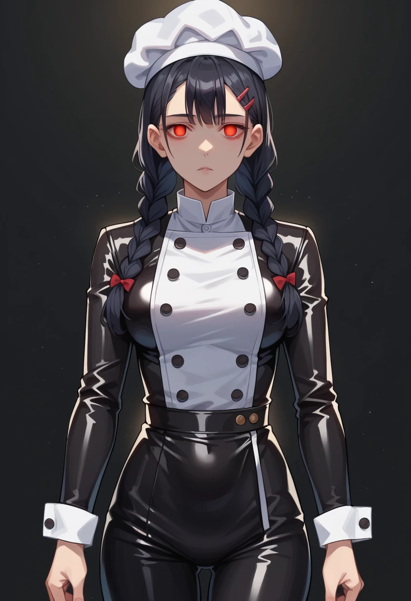 score_9, score_8_up, score_7_up, score_6_up, score_5_up, score_4_up, BREAK source_anime, tadokoro megumi, Black Hair, twin braids, hairclip,(Red eyes), glowing eyes, breasts,((empty eyes)),Expressionless,(stand up), ((Black latex chef uniform)), cowboy shot, black background, simple background,