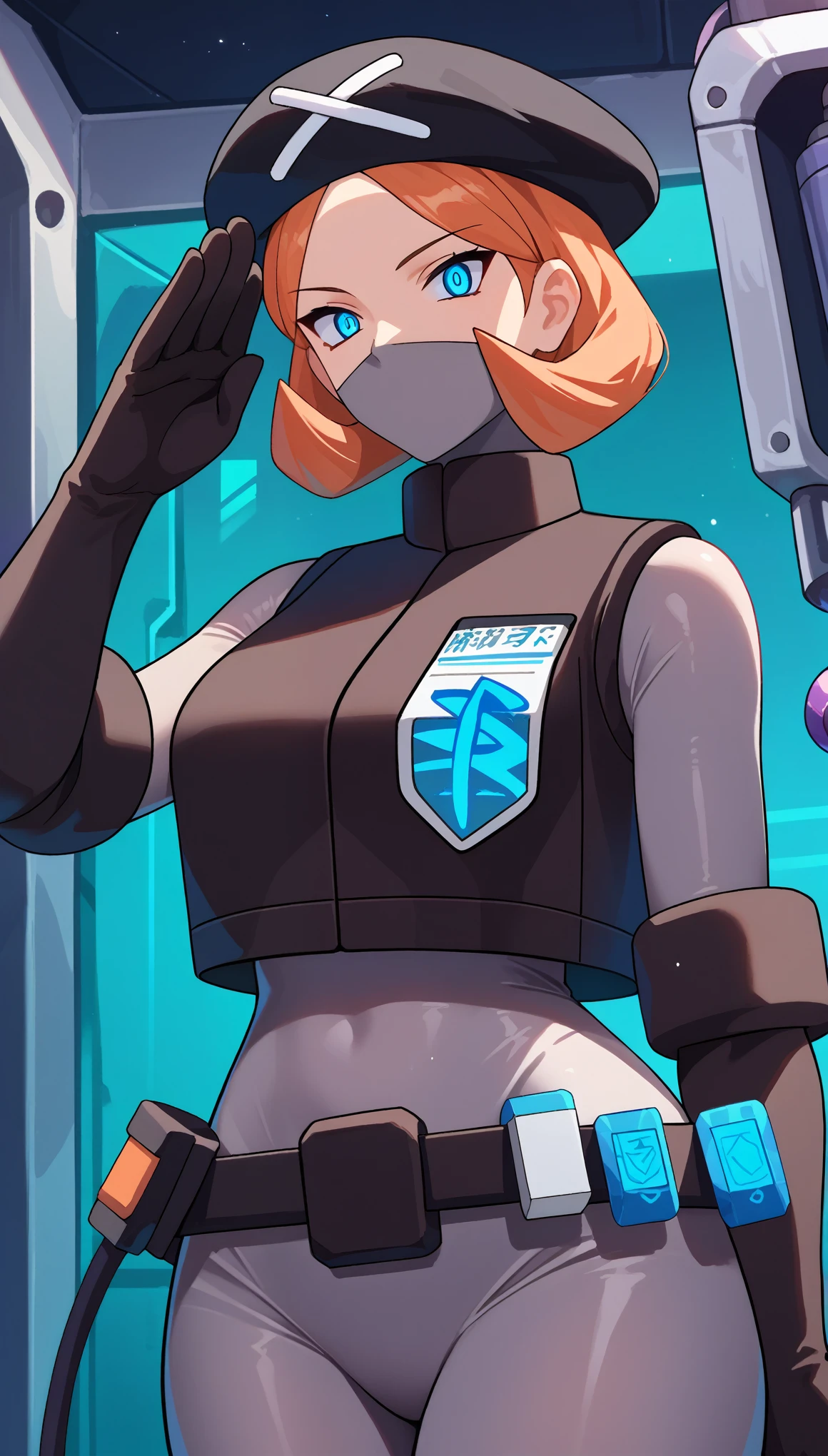 score_9, score_8_up, score_7_up, score_6_up, source_anime, 1girl, solo, ((pmpgrunt)), orange hair, medium hair, blue eyes, black beret, mouth mask, black vest, grey bodysuit, belt, black gloves, large breasts, standing,salute, looking at viewer, empty eyes, mind control, happy trance, seductive, laboratory