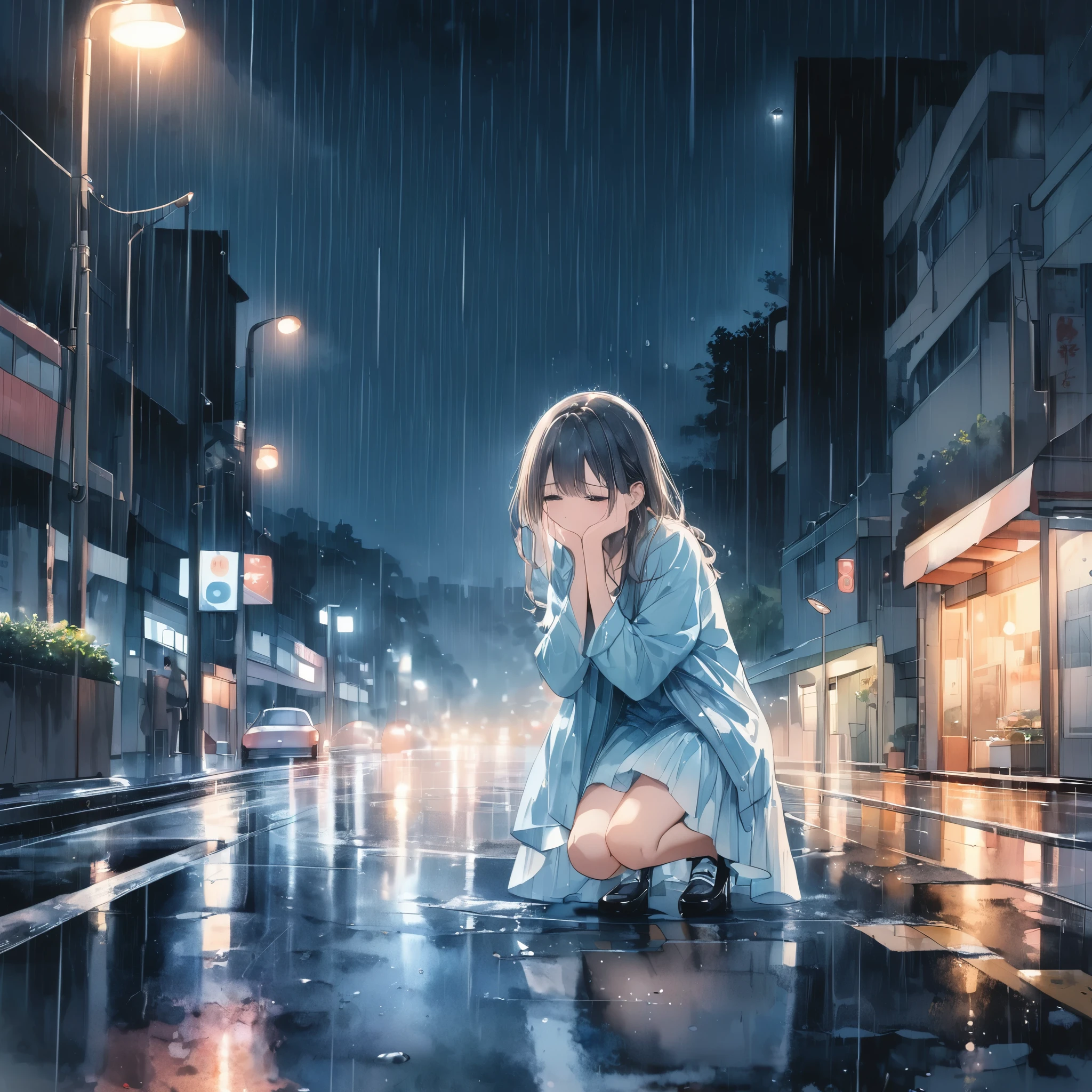 ((pastel、 watercolor style ))、1 woman, kneeling down, is crying,Hold your eyes,The ground gets wet, The background is a rainy night ,Urban Roadside Masterpiece ,Best Quality,Exquisite,8k, absurd, super detailed illustrations on white paper ,