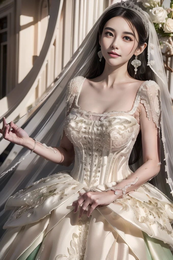 (masterpiece,  best quality , Beautiful and beautiful :1.3), whole body, portrait，Take a look back at ,  Looking at Audience ,  1 girl , Smile , (cosmetic,  Long Hair Micro-Curl Half Crown Hairstyle ,  Dark Green Bottom Dyed Silver White Hair,  amber eyes:1.2 Long Lashes ), Ruan Yi 0256,  wedding veil ,  Dress with lace trim , translucent, wedding dress, outdoor, White Rose, garden, morning, Standing, extremely detailed, Big breasts, earrings, 水晶earrings,  Light Blush,  Strong Emotions Shine in the Eyes , Looking up at the camera, wide angle, Fox Mask,  Precious Stones , panoramic, illustration, decorative arts,  Cinematography, concept art,  Expressionism, 